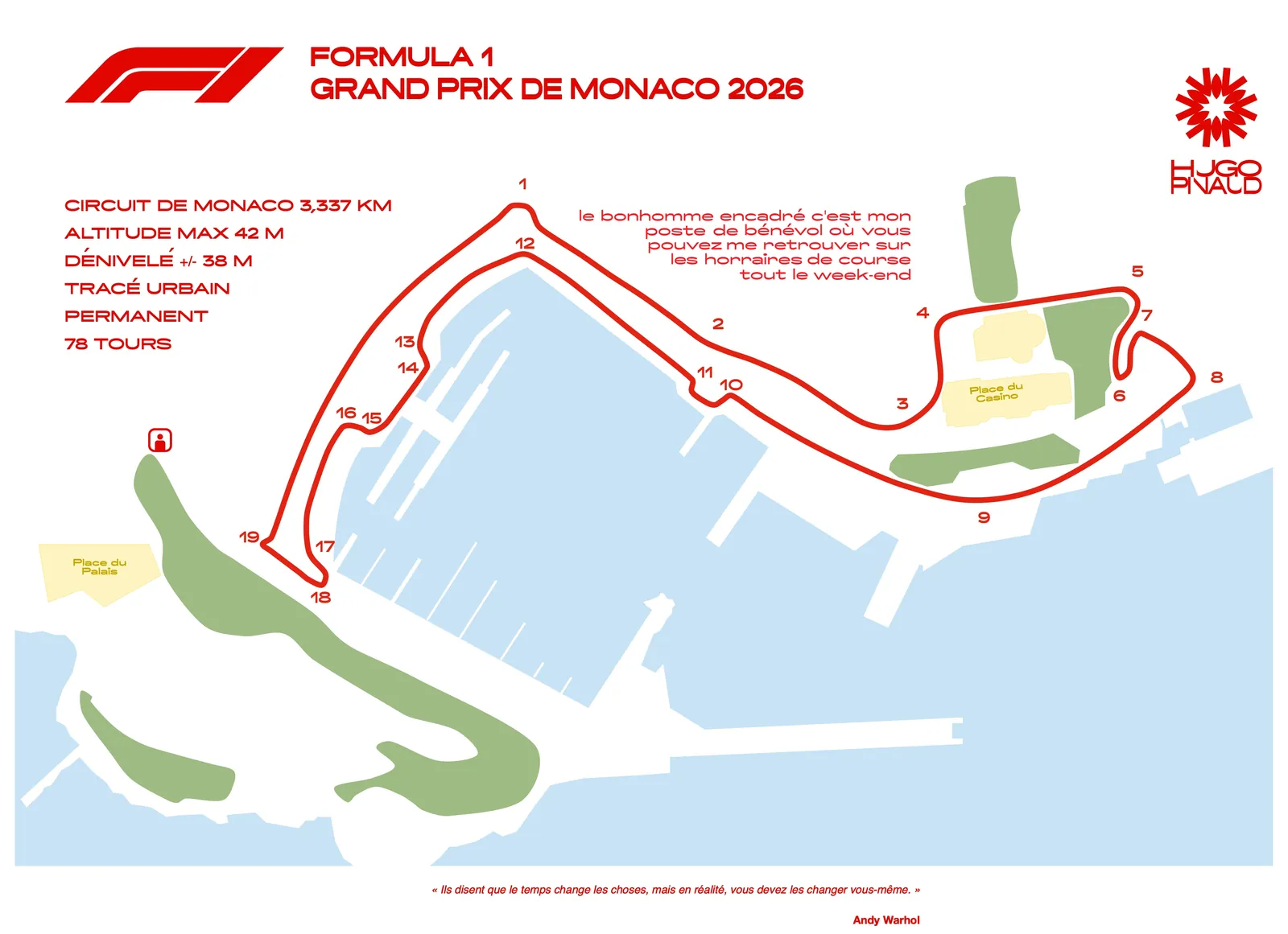 La course de l'emploi — The front: the circuit redrawn over the map of the Principality, nineteen corners for nineteen steps.